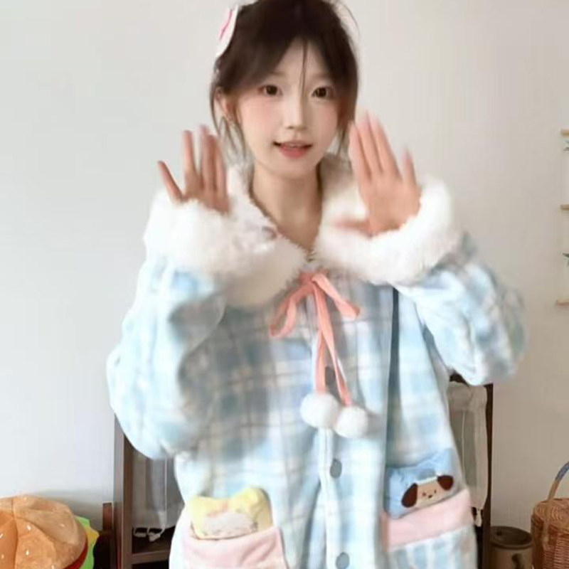 侘町2025新款蓝格星星被法兰绒秋冬卡通睡衣套装女加绒加厚家居服
