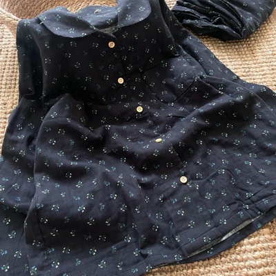 侘町秋季睡衣女款2025新款纯棉磨毛长袖深蓝碎花可外穿套装家居服