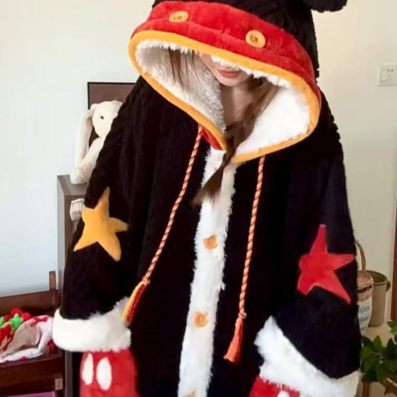 侘町2025新款米奇提花舒棉绒睡袍女秋冬可外穿家居服保暖斗篷睡衣