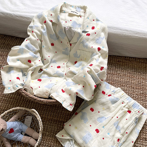 侘町2025年新款苹果小飞象纯棉长袖居家睡衣女春秋季可外穿家居服