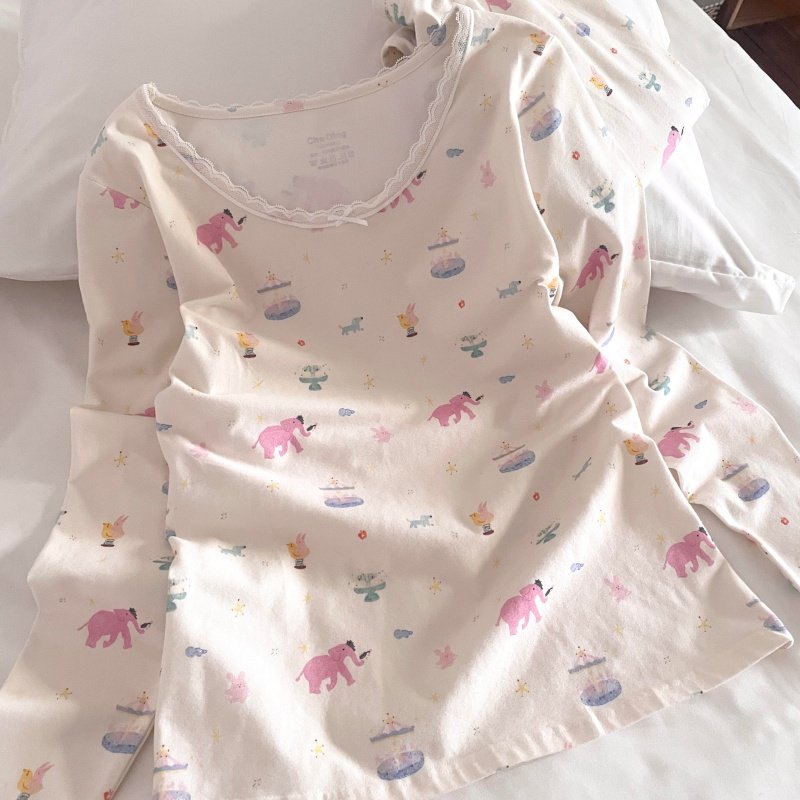 侘町睡衣女2025家居服新款冬季保暖内衣游乐园大象打底衣纯棉套装