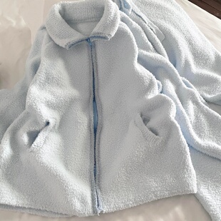 侘町睡衣女2025新款冬季休闲羽毛纱撞色高领插肩拉链可外穿家居服