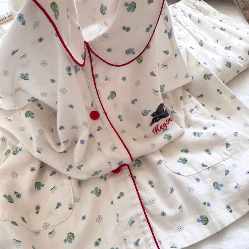 侘町睡衣女款2025秋冬新款碎花小灰兔卡通纯棉开衫休闲套装家居服