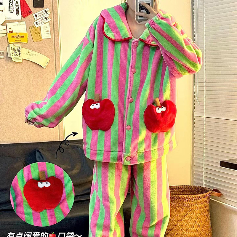 侘町2024款苹果条纹法兰绒睡衣女秋冬款加绒加厚可外穿家居服冬季