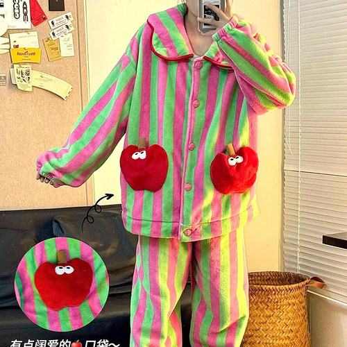 侘町2024款苹果条纹法兰绒睡衣女秋冬款加绒加厚可外穿家居服冬季