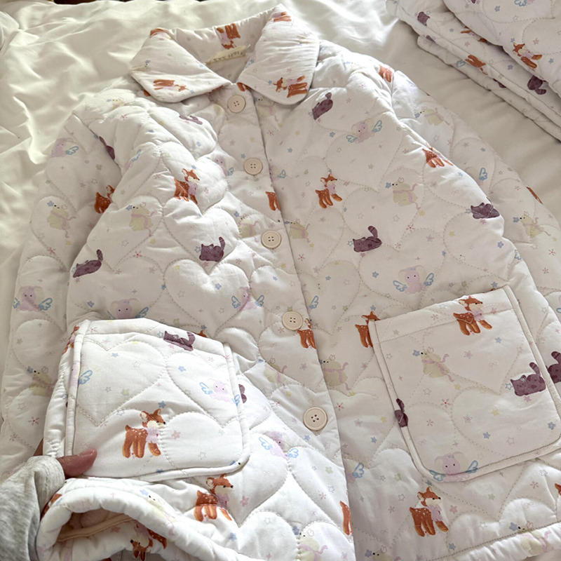 侘町2025年冬季新款三层夹棉星星梅花鹿睡衣女保暖加厚保暖家居服