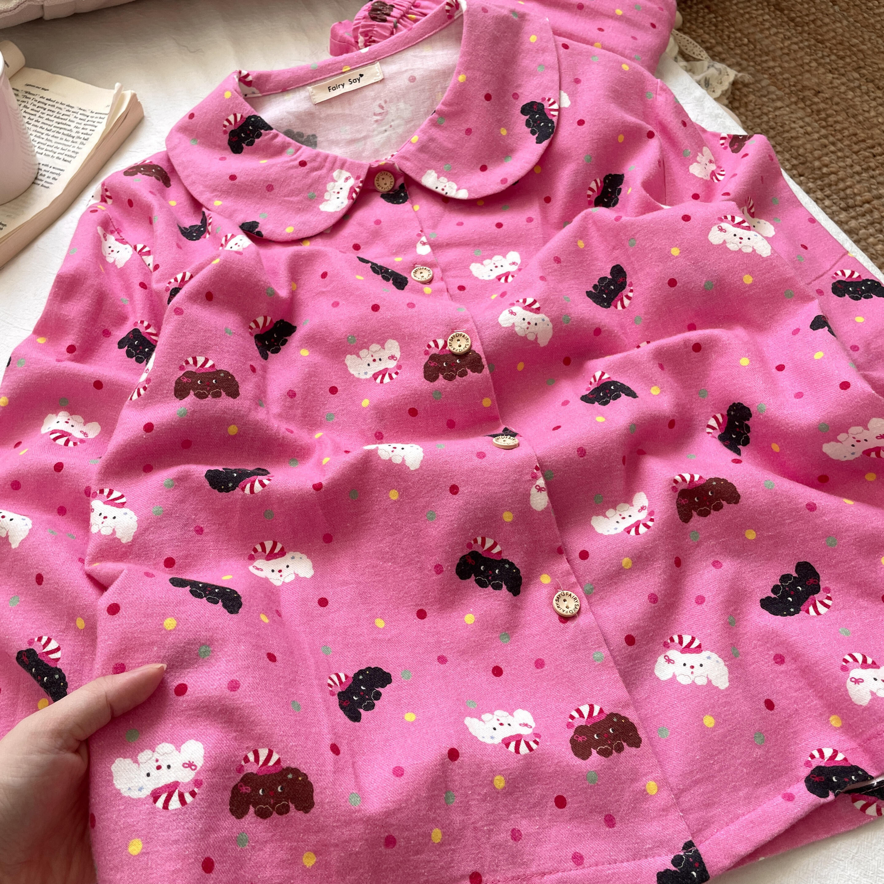 侘町2025年秋冬新款彩色波点狗狗磨毛纯棉套装斜纹韩系女卡通睡衣