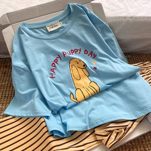 侘町2025新款 PUPPY蓝黄纯棉短袖 睡衣女夏季 卡通可外穿家居服套装