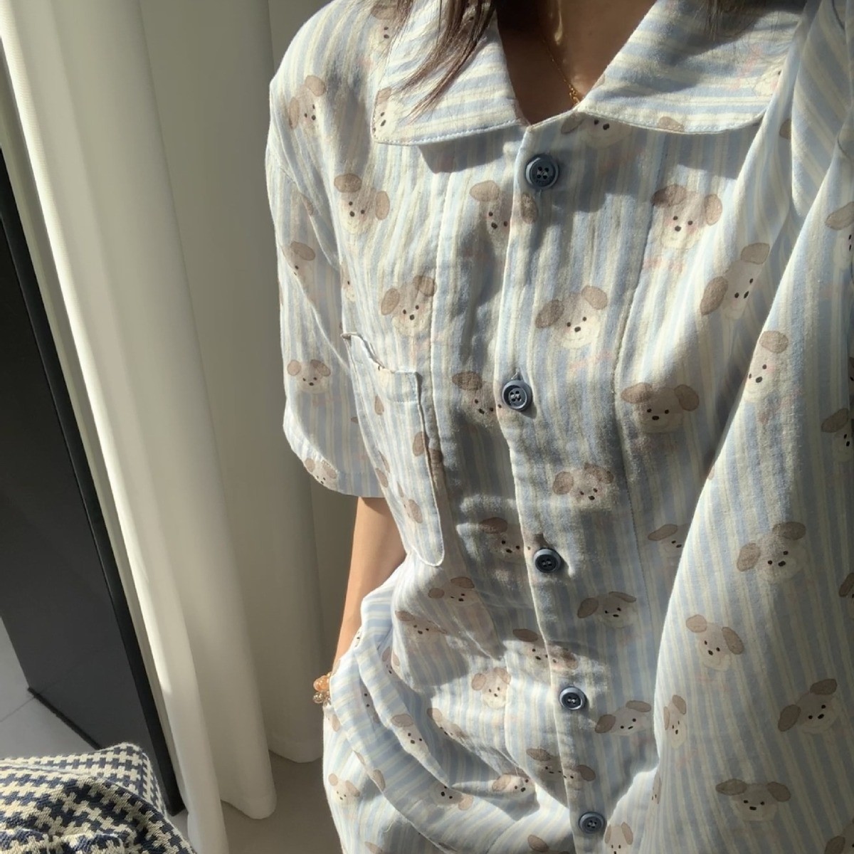 侘町2025新款全棉双层纱条纹小狗睡衣可爱夏季短袖短裤家居服套装
