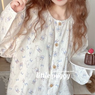 家居服套装 侘町2025年新款 款 猫咪纯棉双层纱长袖 睡衣女puggy四季