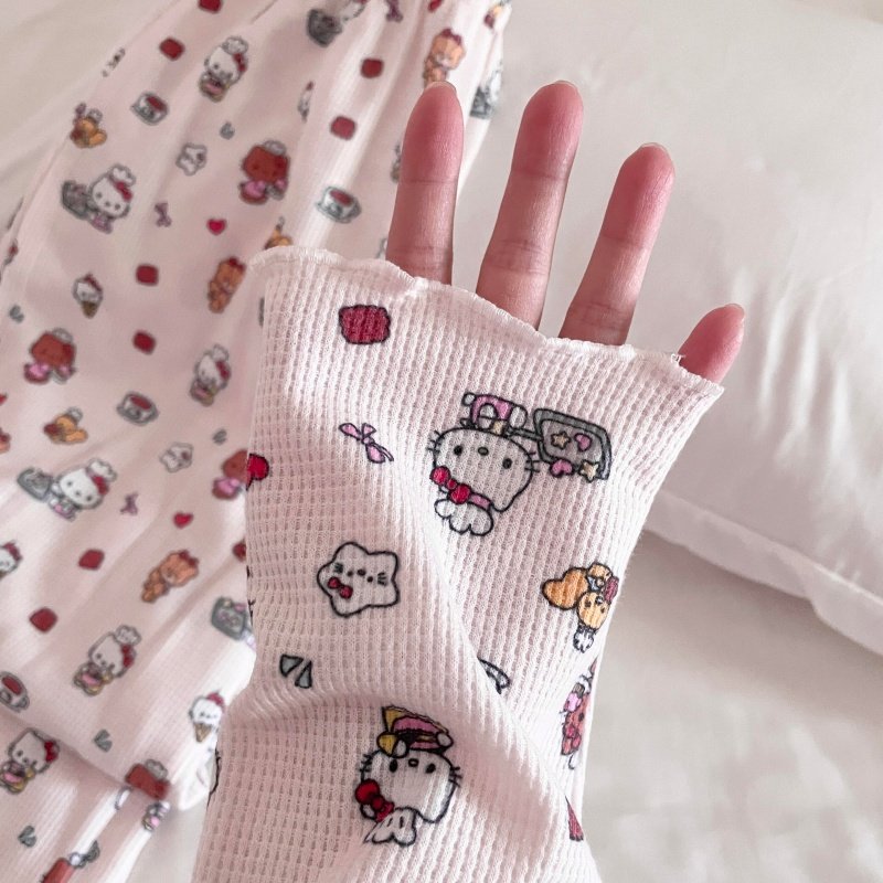 侘町睡衣女2025年新款卡通猫咪华夫格针织打底衫2色秋冬舒适套装