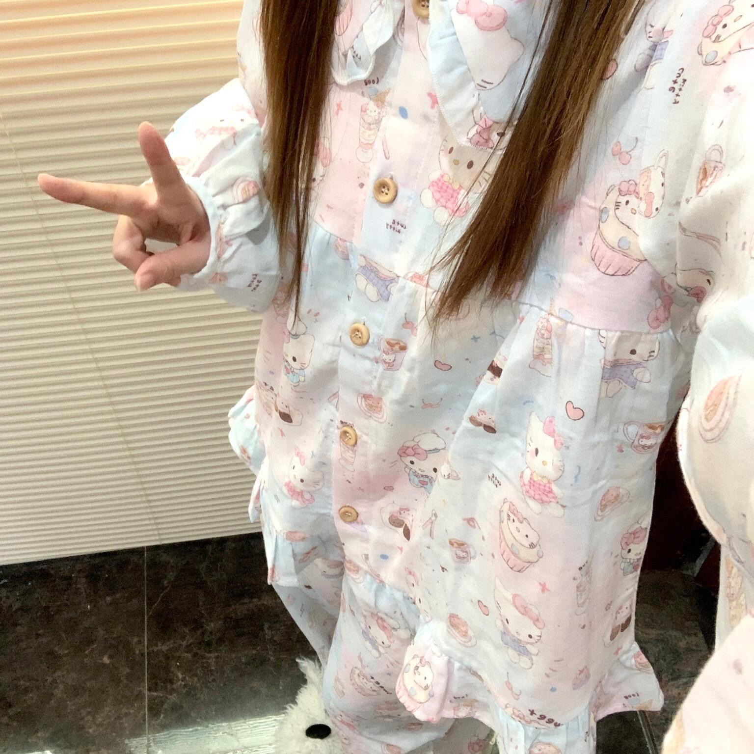 侘町2025睡衣新款四季开衫卡通晕染甜品KT宽松女纯棉透气长袖套装