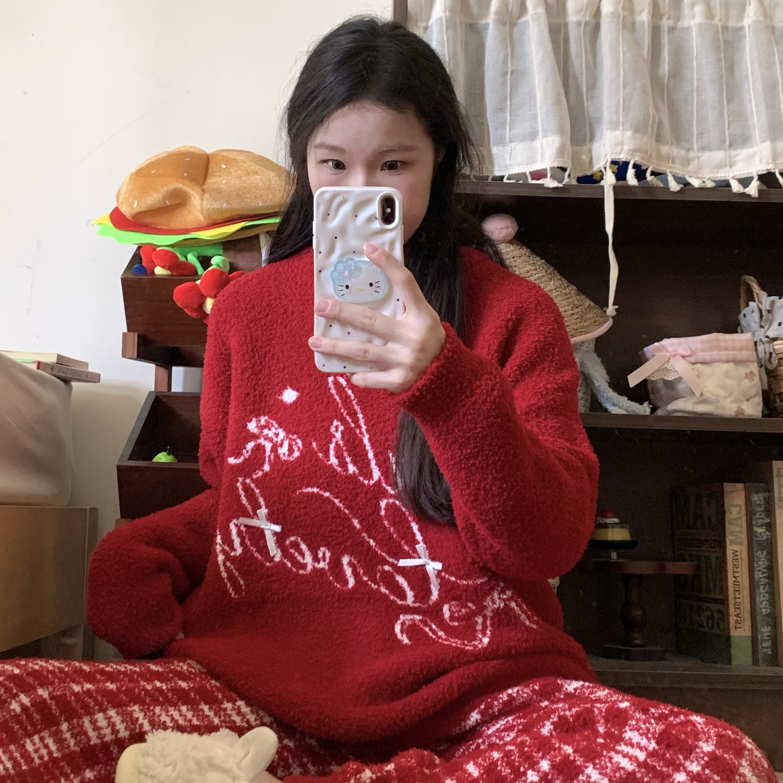 侘町2025年睡衣新款冬季英文红白格半边绒本命年长袖女加绒家居服