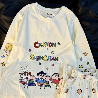 侘町2025新款白色蜡笔小熊纯棉长袖睡衣女可外穿春秋季薄款家居服