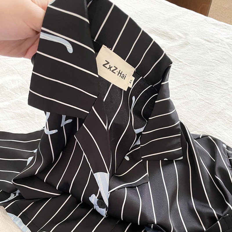 侘町2025年新款清冷豹子冰丝睡衣女夏季款条纹家居服短袖套装夏款