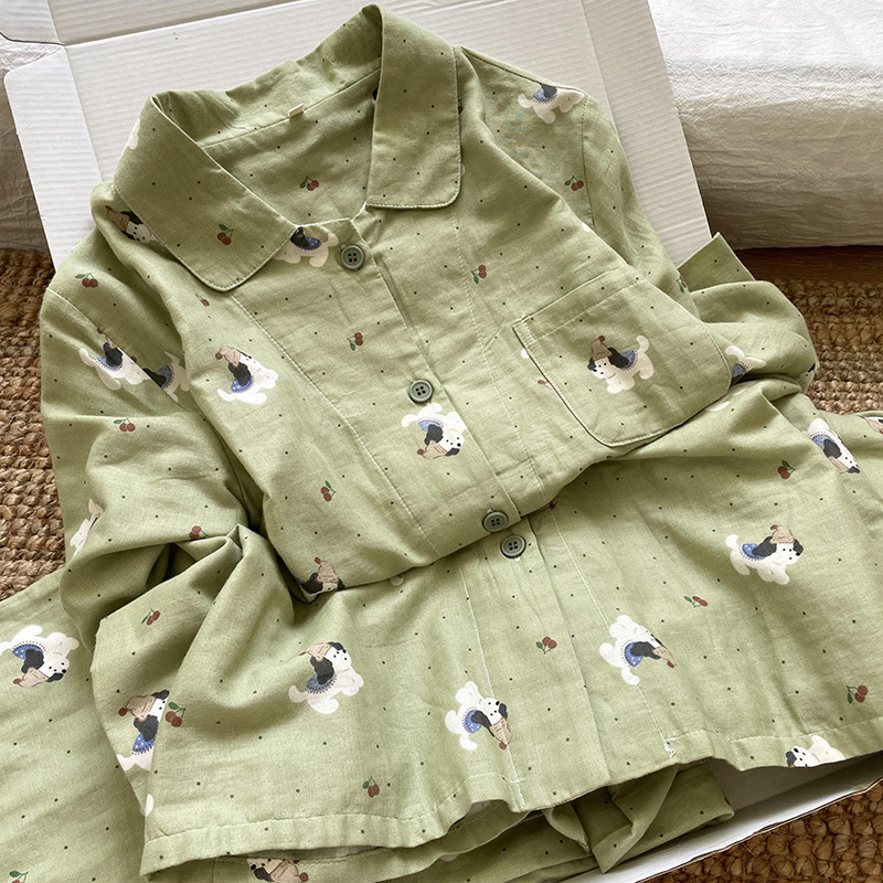 侘町2025年新款奶绿色点点狗狗纯棉长袖睡衣女可外穿卡通家居服