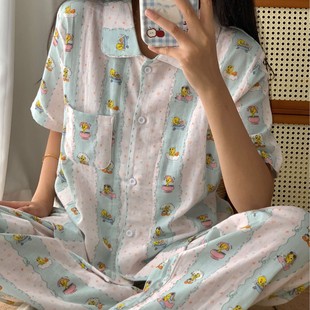 可爱开衫 新品 套装 碎花崔迪鸟纯棉双层纱短袖 翻领休闲家居服 长裤