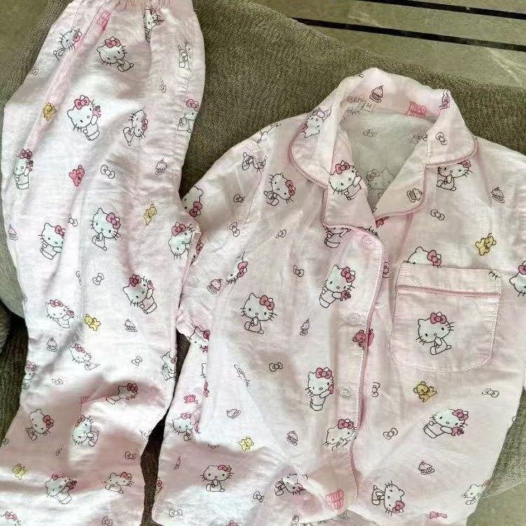 新品！2025纯棉双层纱布包边西装领短袖长裤裤睡衣家居服套装可外