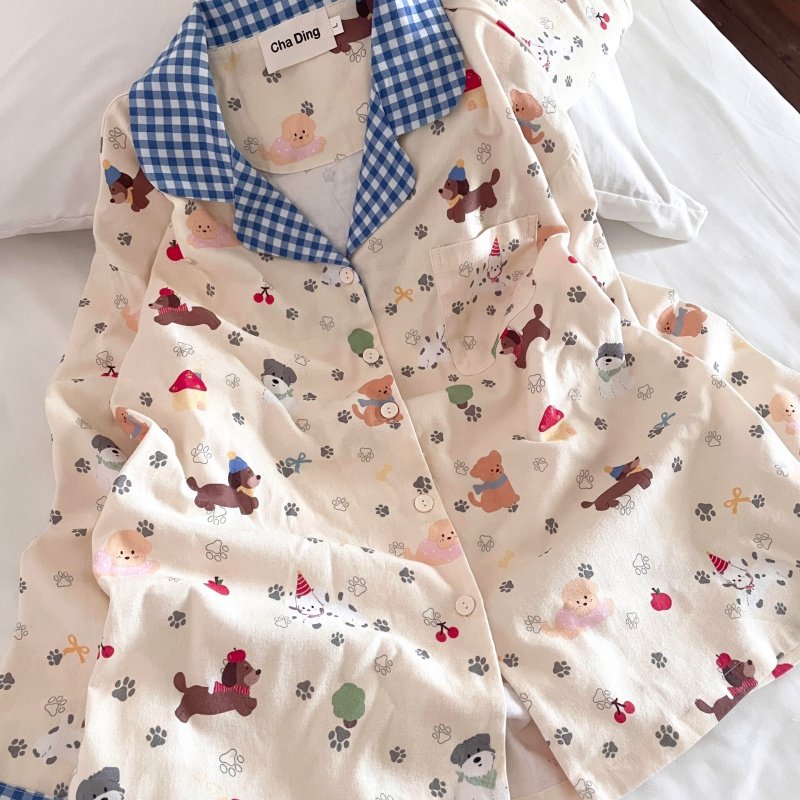 侘町睡衣女款2025新款复古蓝格狗狗party春秋纯棉套装开衫家居服