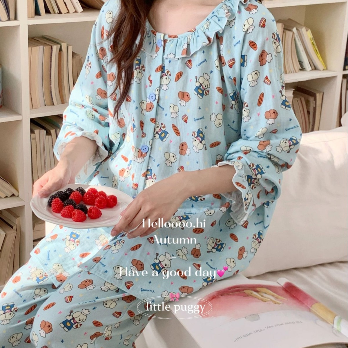 侘町2025新款春秋季纯棉全棉双层棉纱卡通可爱宽松长袖长裤家居服