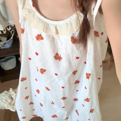 侘町2025睡裙新款波点熊纯棉纱布温柔碎花居家女花边吊带宽松睡衣