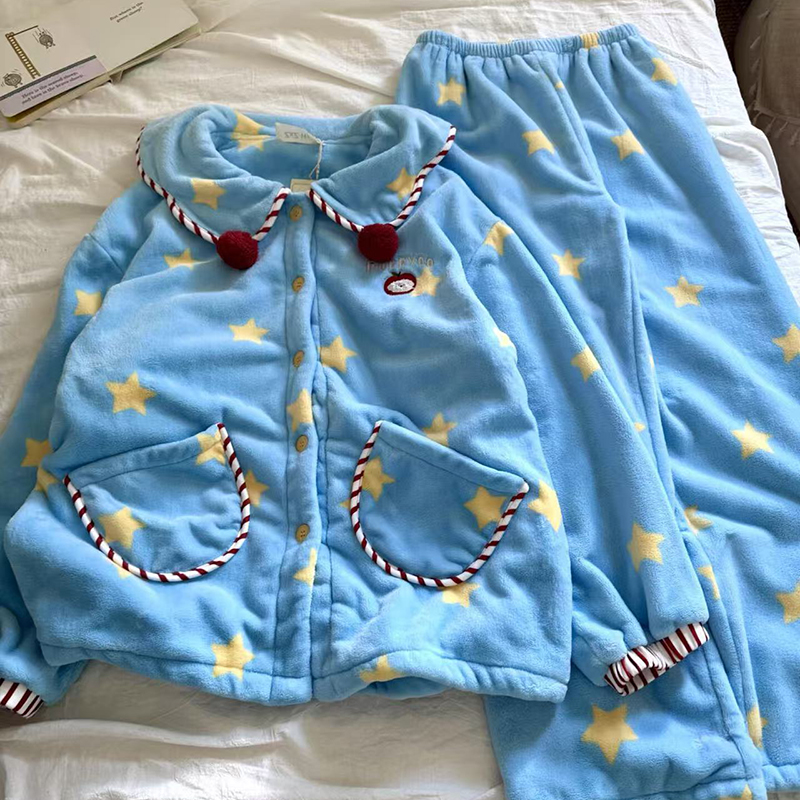 侘町2025年新款星星樱桃法兰绒加厚睡衣女款冬季可外穿家居服套装