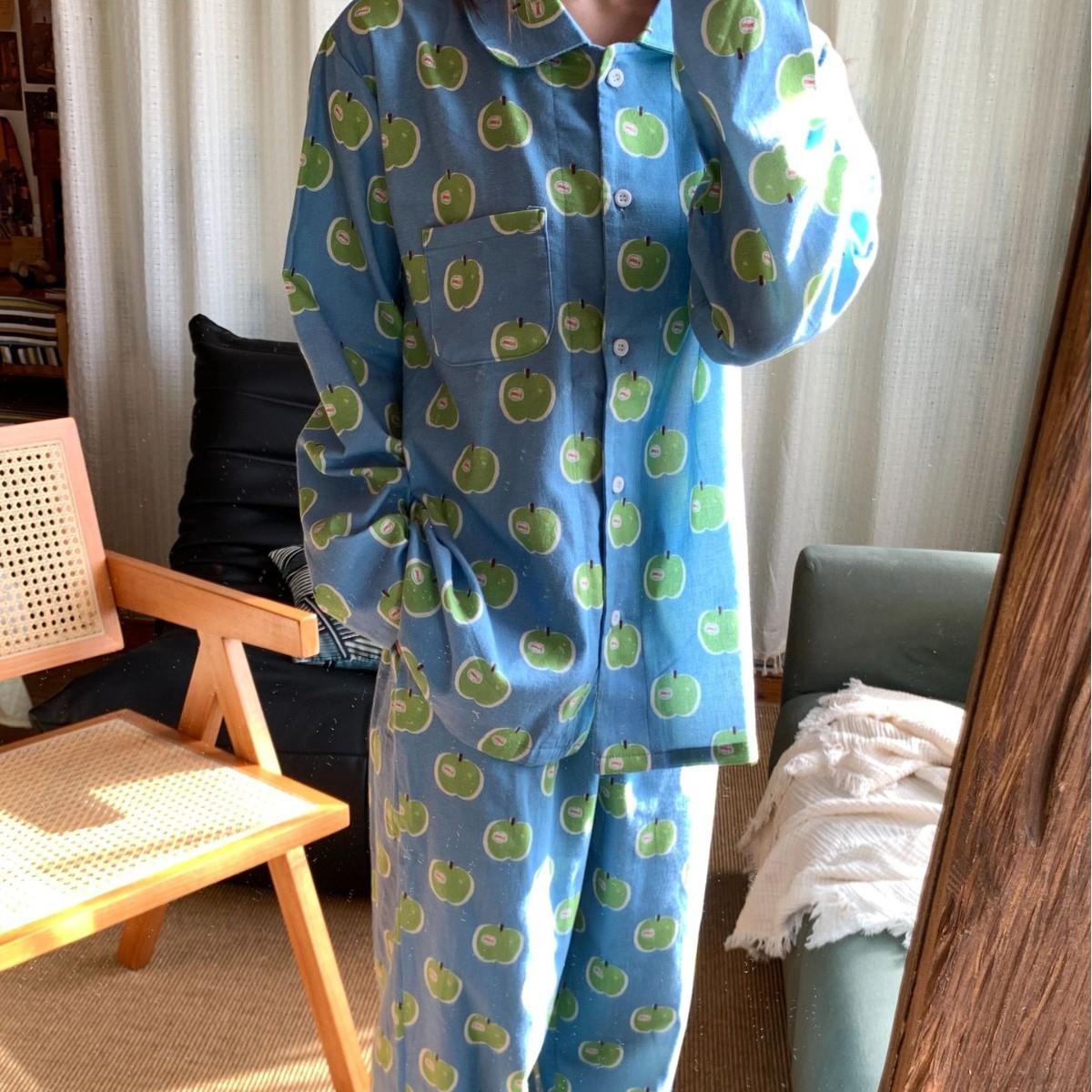 侘町2025新款可爱绿苹果全棉磨毛加厚家居服翻领长袖长裤睡衣套装