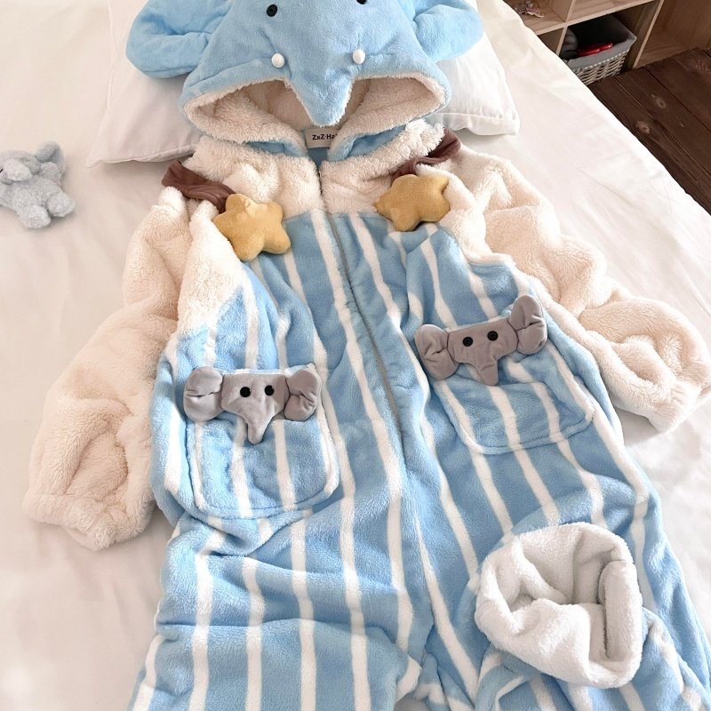 侘町秋冬2025新款保暖法兰绒笨笨大象连体背带睡衣女可外穿家居服