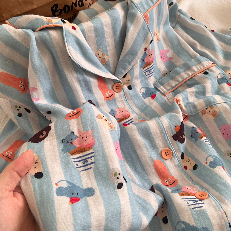 侘町2025年新款动物冰淇淋短袖睡衣三件套纯棉夏季卡通家居服套装