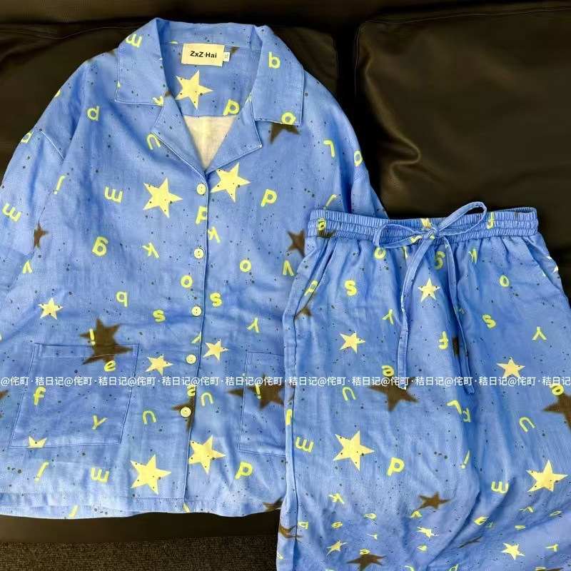侘町2024新款喷墨星星纯棉长袖睡衣女春秋季可外穿纯棉家居服秋款