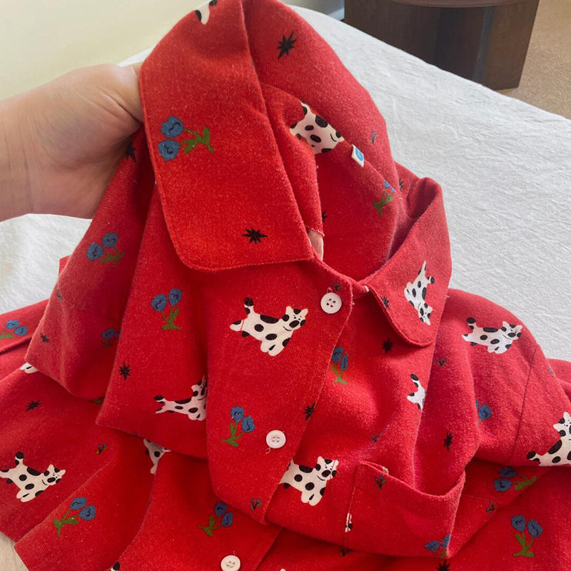 侘町2025新款红底奶牛猫纯棉长袖睡衣女春秋季本命年居服套装