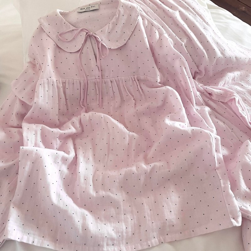 侘町睡衣女2025年新款甜美粉色波点长袖纯棉秋冬款休闲家居服套装