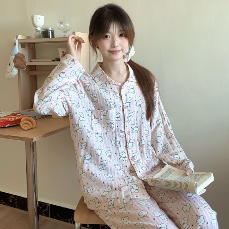 侘町2025新款线条小狗纯棉卡通长袖可外穿睡衣女春秋季家居服套装
