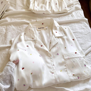 套装 冰丝睡衣春夏季 可外穿家居服 白色水果碎花长袖 侘町2025年新款