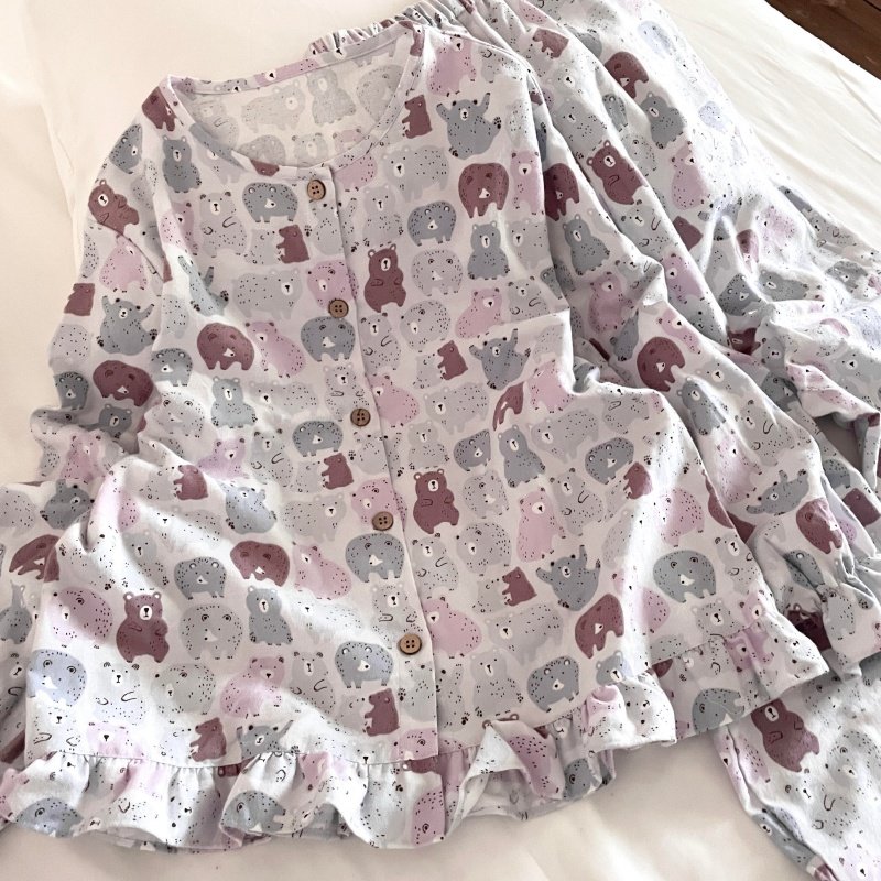 侘町春秋2025新款古早小熊纯棉磨毛睡衣套装女士开衫可外穿家居服