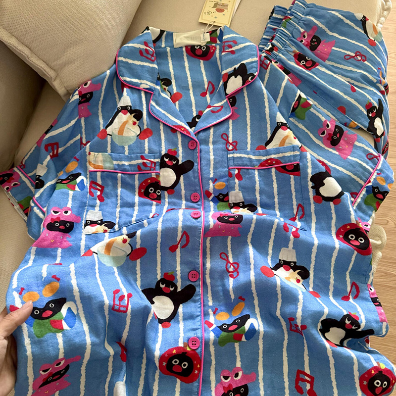 侘町2025年新款蓝色音乐pingu短袖睡衣女纯棉夏季卡通家居服套装