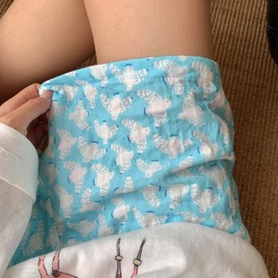 有口袋可爱遛弯裤 侘町2025新款 宽松睡裤 全棉双纱短裤 浅蓝飞鸟夏季