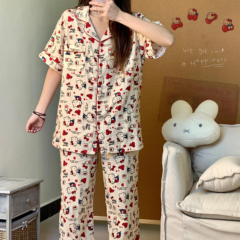 侘町2025年新款苹果kitty短袖长裤睡衣女夏天纯棉卡通家居服套装