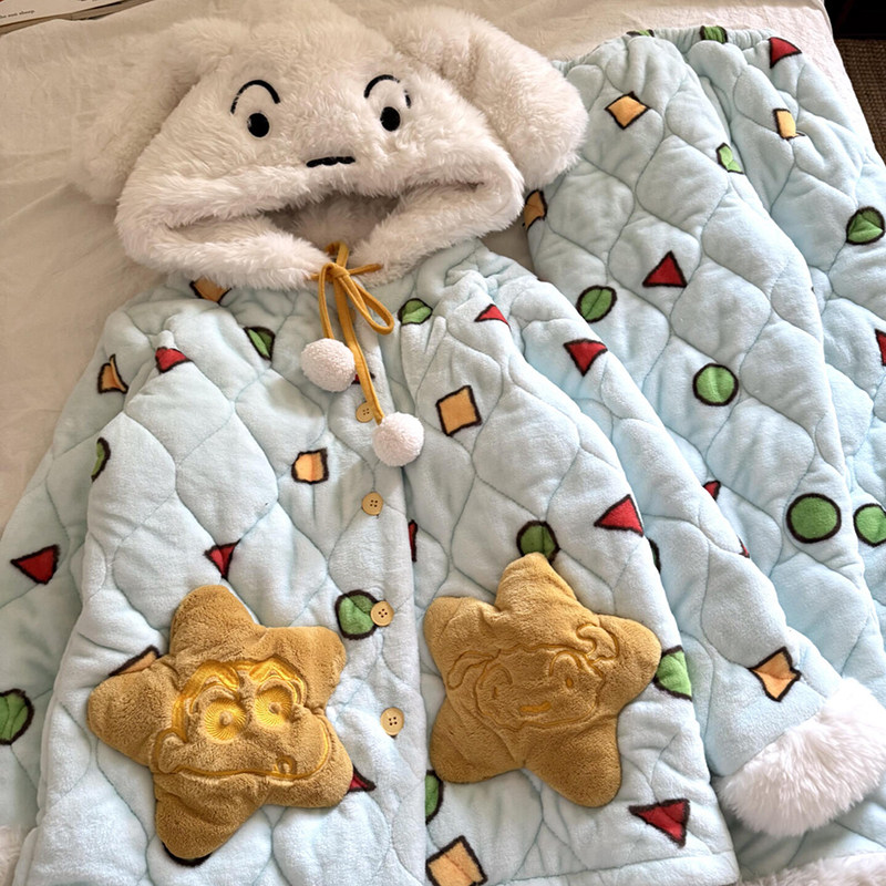 侘町2025冬季新款小新饼干三层夹棉睡衣女加绒加厚卡通家居服套装