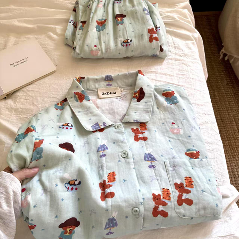 侘町2025新款松饼小熊纯棉睡衣女春秋季可外穿卡通休闲家居服套装