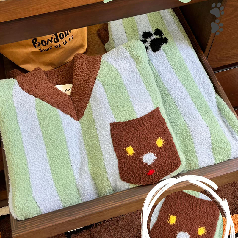 侘町2024年新款狗狗爪印半边绒睡衣女秋冬款可外穿保暖加厚家居服