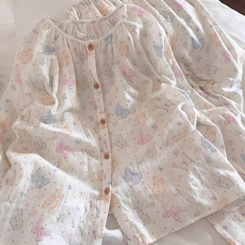 侘町碎花蝴蝶2025新款睡衣女款卡通休闲秋冬季纯棉长袖家居服套装
