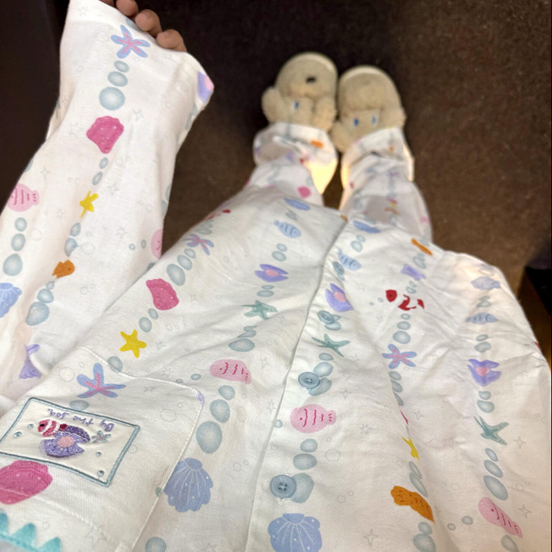 侘町2025年秋季新款泡泡小鱼长袖纯棉磨毛睡衣套装女可外穿家居服