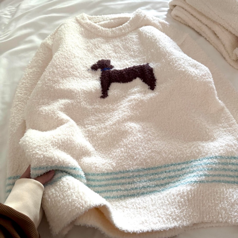 侘町线条小狗2025家居服新款长袖冬季半边绒睡衣女加绒可外穿套装