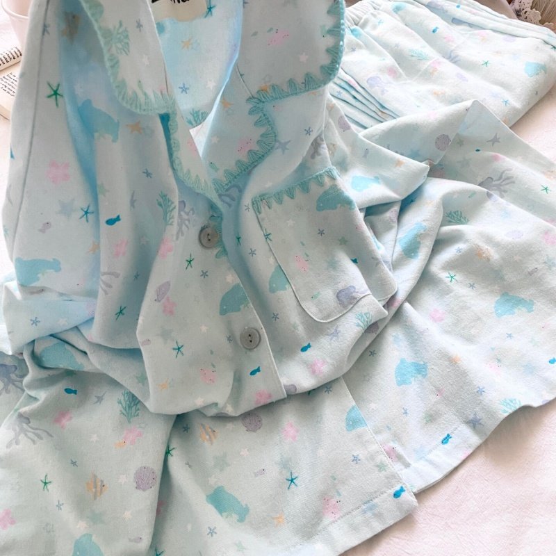 侘町睡衣女款2025新款秋季纯棉长袖薄荷海底小鱼可外穿套装家居服