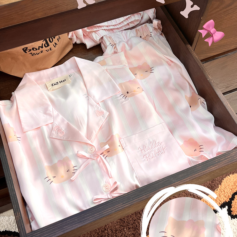 侘町2025年新款黑皮kitty脑袋短袖冰丝睡衣女夏季卡通家居服套装