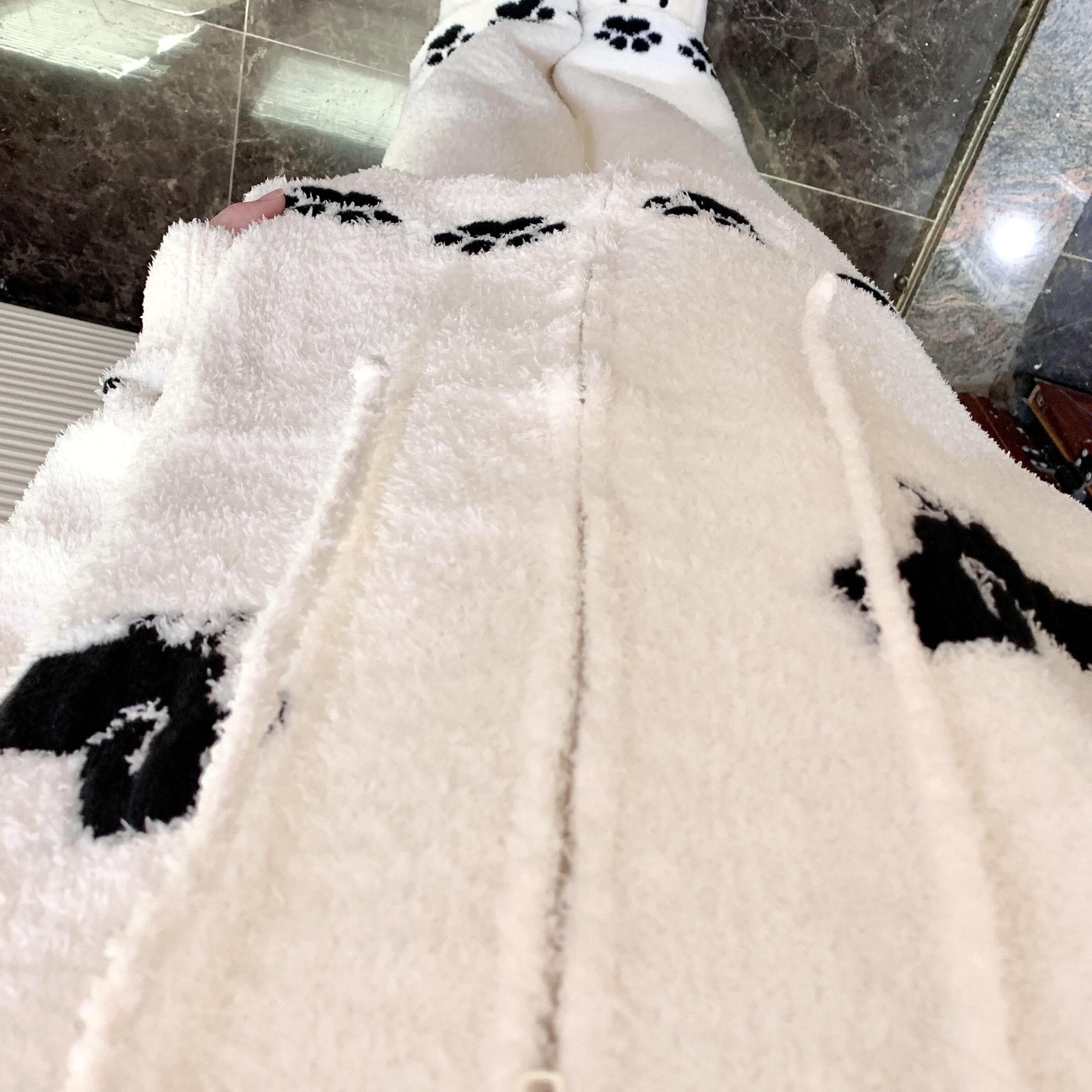 侘町2025年新款小狗爪印半边绒秋冬季拉链连帽睡衣套装女家居服