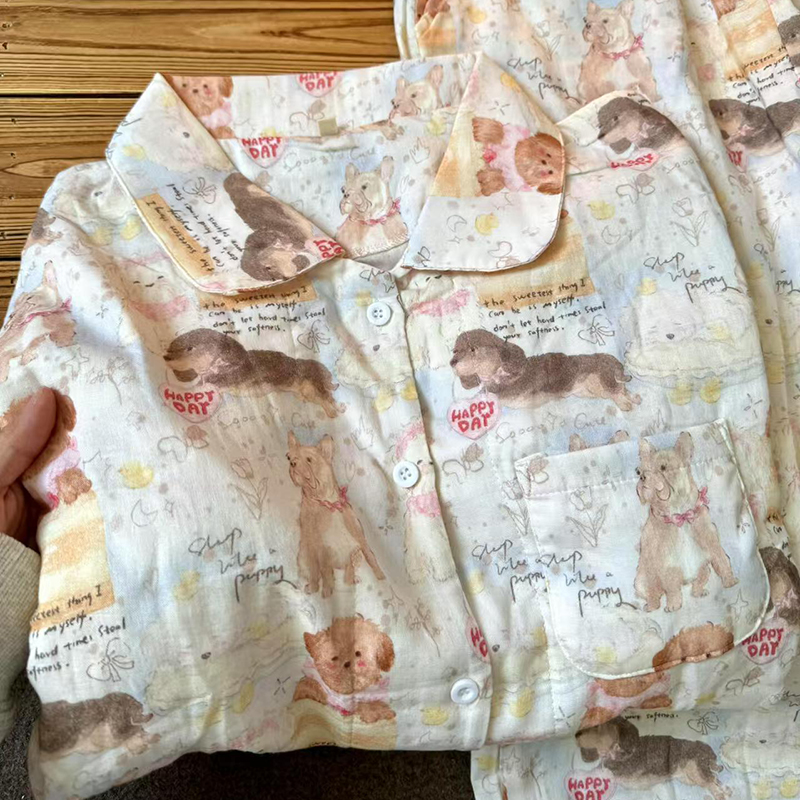 侘町2025年新款复古小狗纯棉长袖睡衣女春秋款可外穿家居服春季