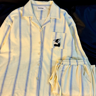 侘町2024年新款奶油熊猫纯棉长袖睡衣女可外穿条纹家居服春秋款