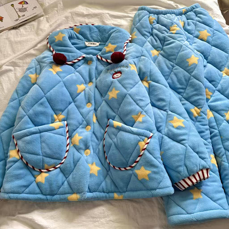 侘町2025新款星星樱桃睡衣女秋冬加绒加厚三层夹棉冬季家居服套装